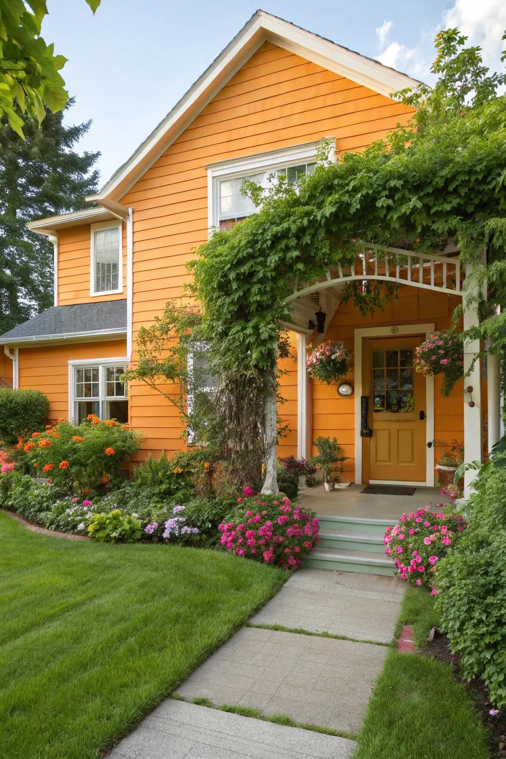 Radiant tangerine outer walls for an audacious and cheerful residential facade.