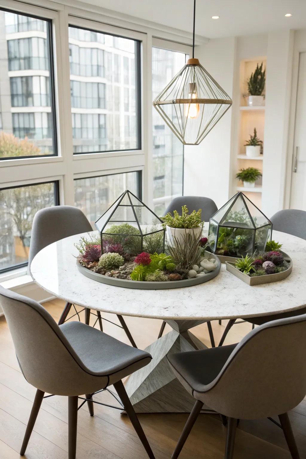 Geometric terrariums inject a modern and chic flair into the centerpiece.