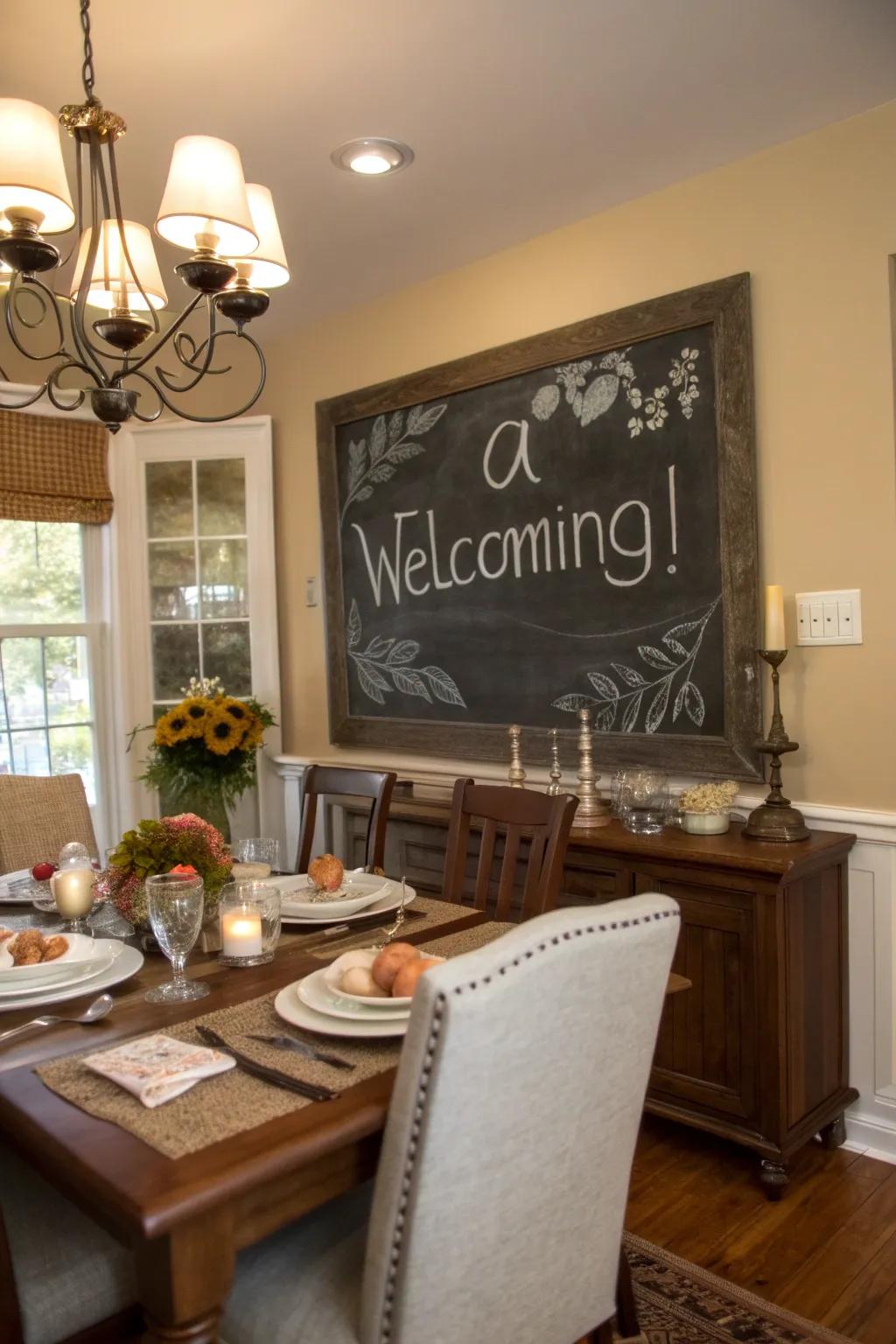 A dining space featuring a chalkboard quote that welcomes connection.