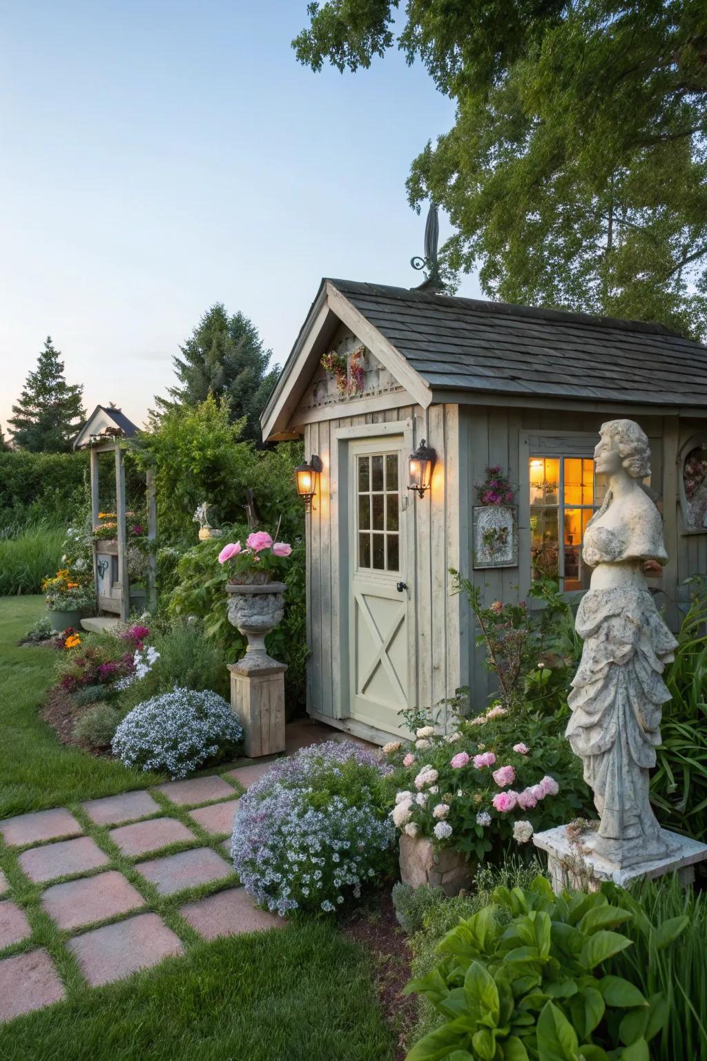 Artistic sculptures introduce a distinctive and personalized touch to your shed's environment.