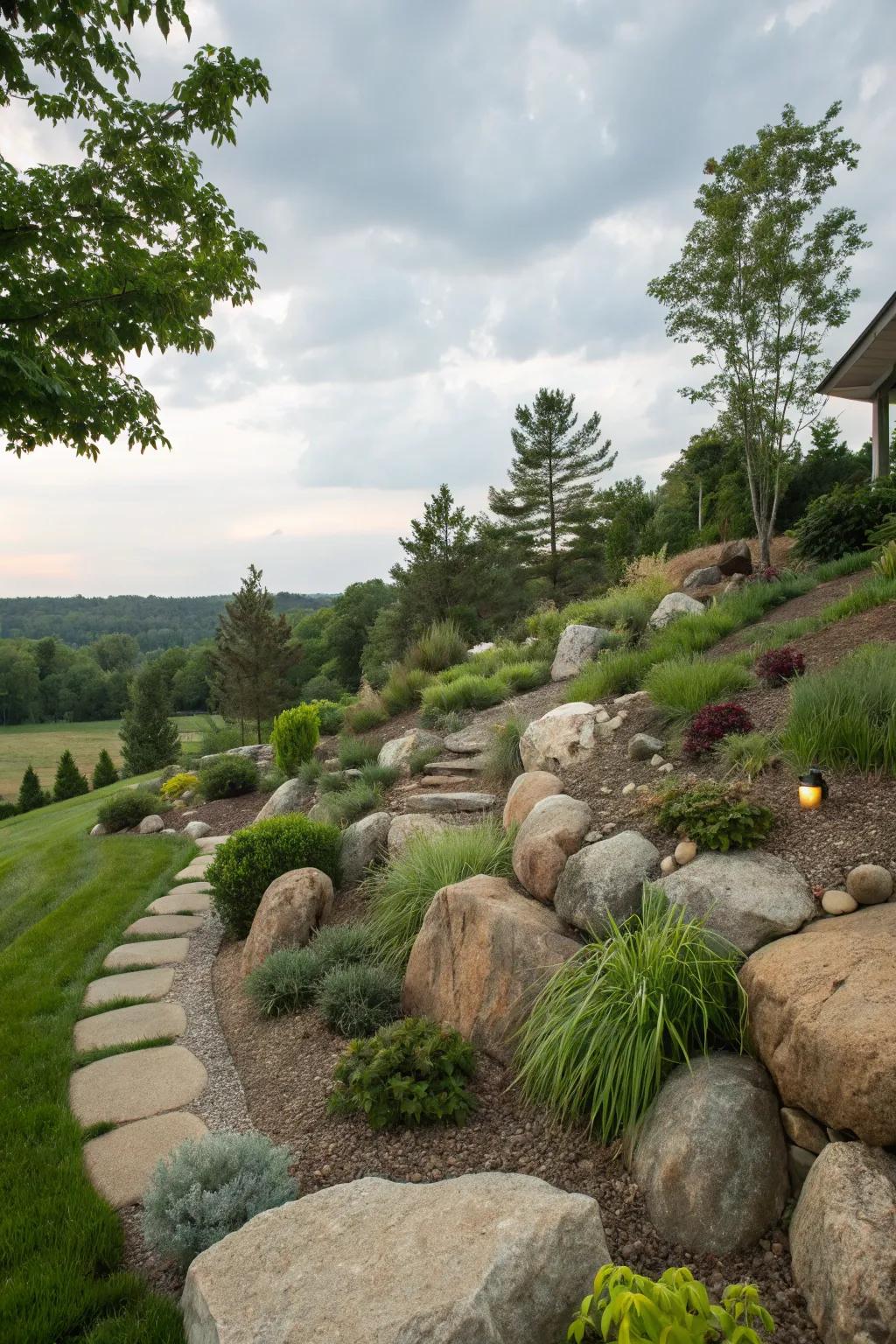 Decorative stones enhance texture and interest.