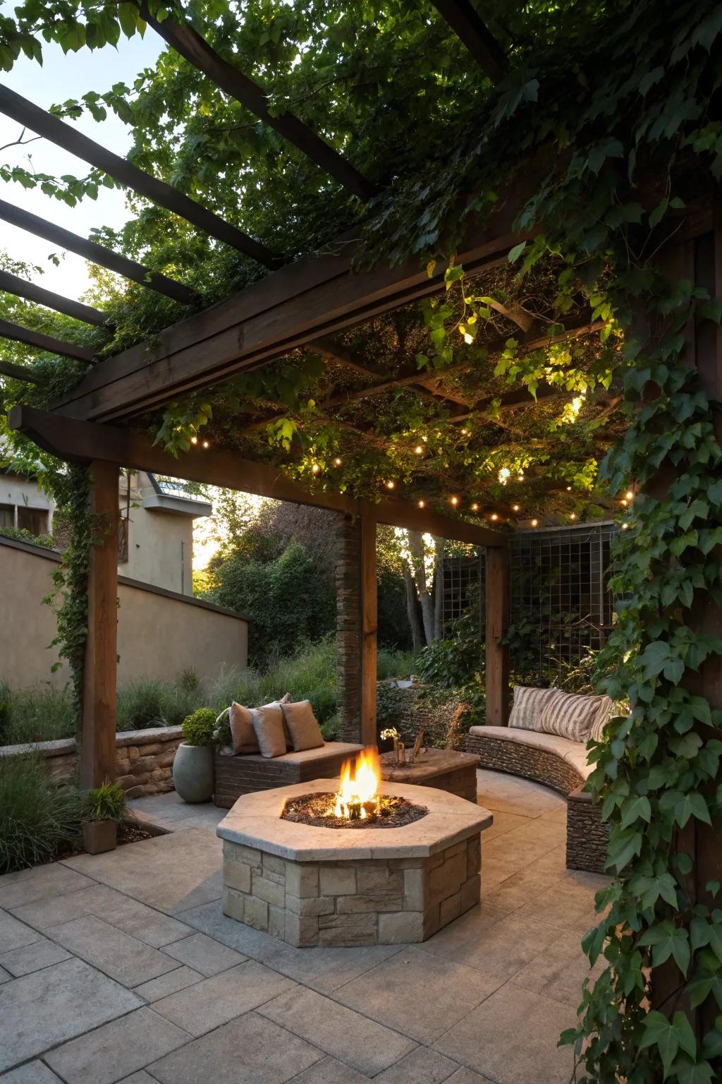 A pergola provides shade and structure, enhancing the hearth area with charm.