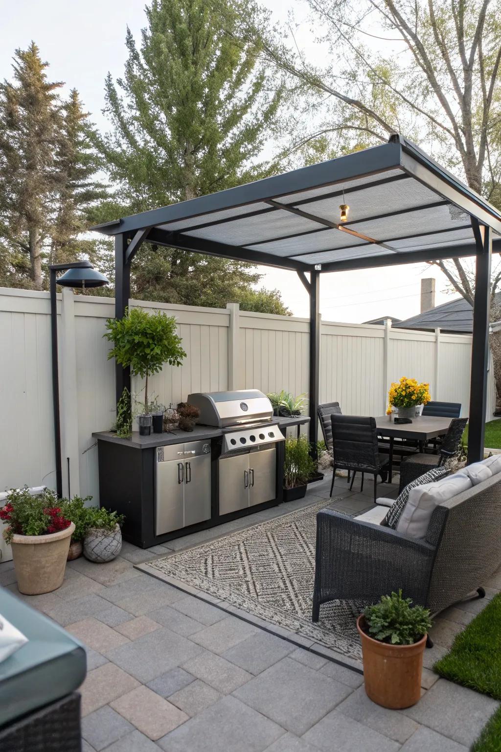 A distinctive grill cover giving charm to a patio.
