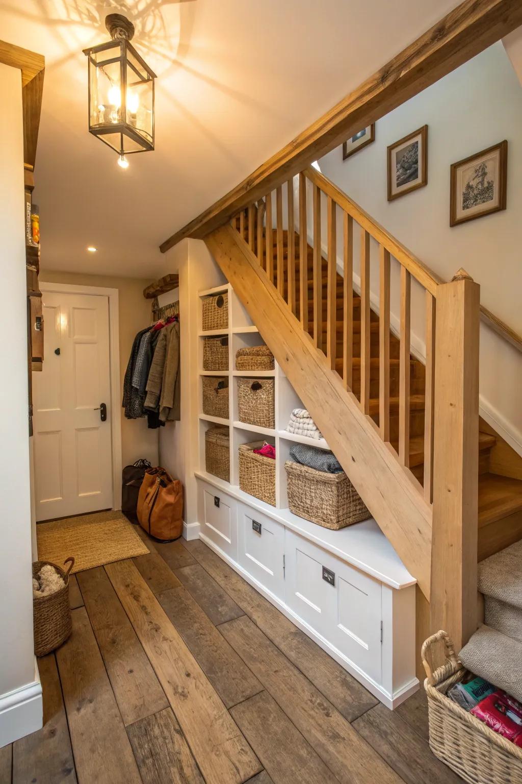 Under-stair storage maximizes space in this cozy hallway.