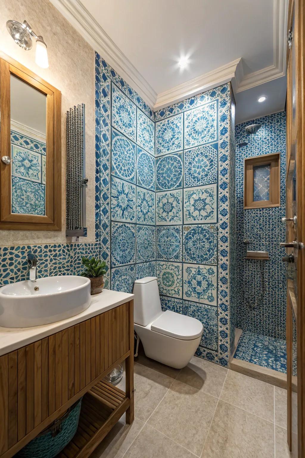 Blue mosaic tiles bring artistic flair and texture into the bathroom.