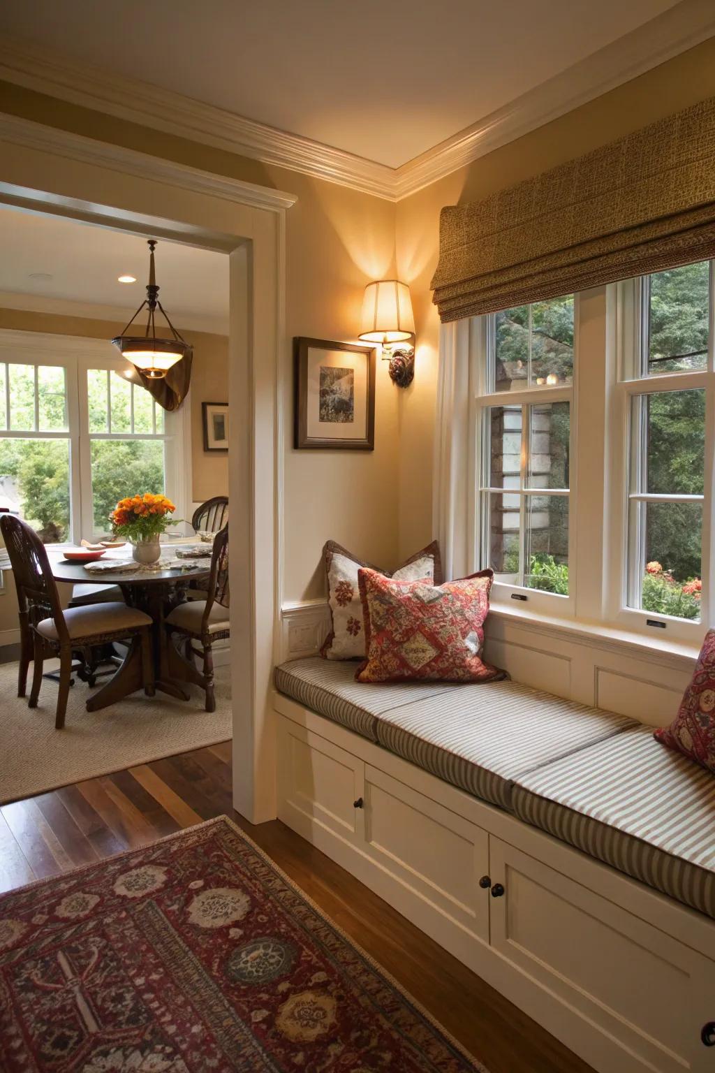 A window ledge appends allure and utility to the dining room.
