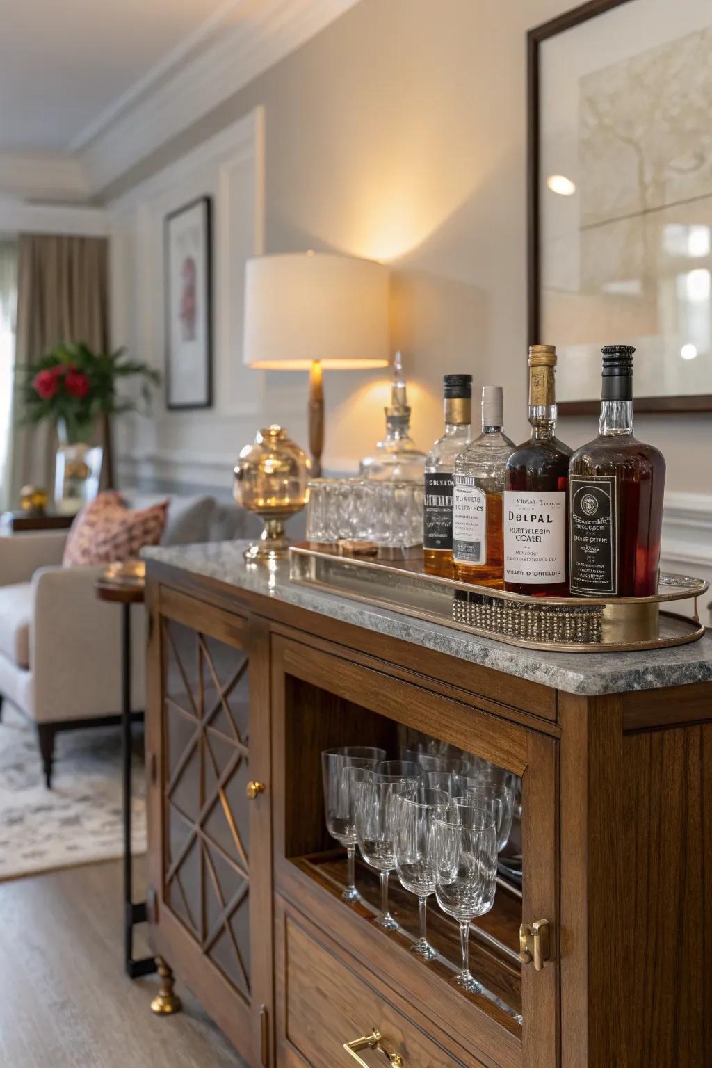 A sideboard repurposed into a stylish dry bar.