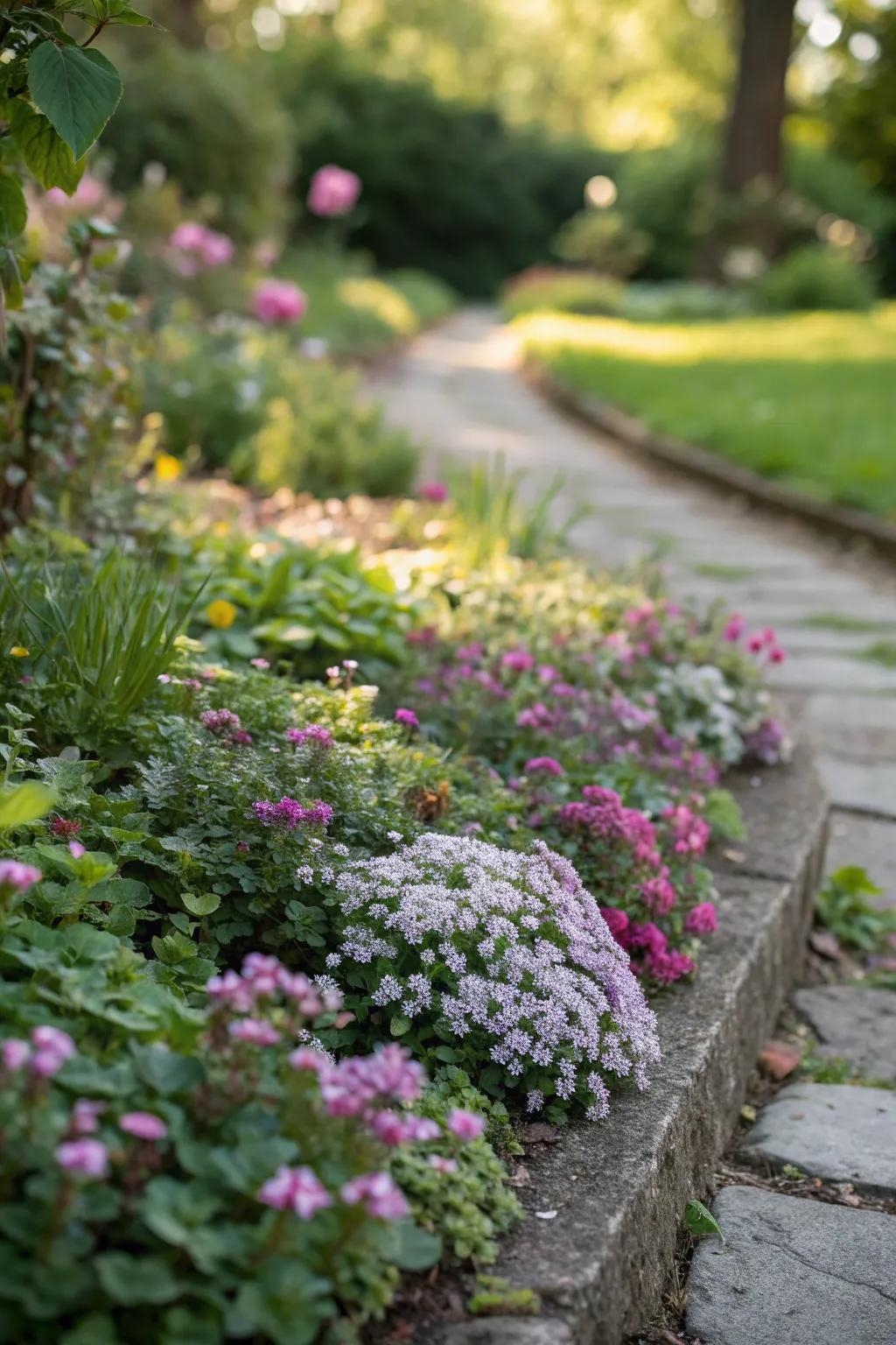 A scenic compact flower garden featuring lush, green groundcovers.