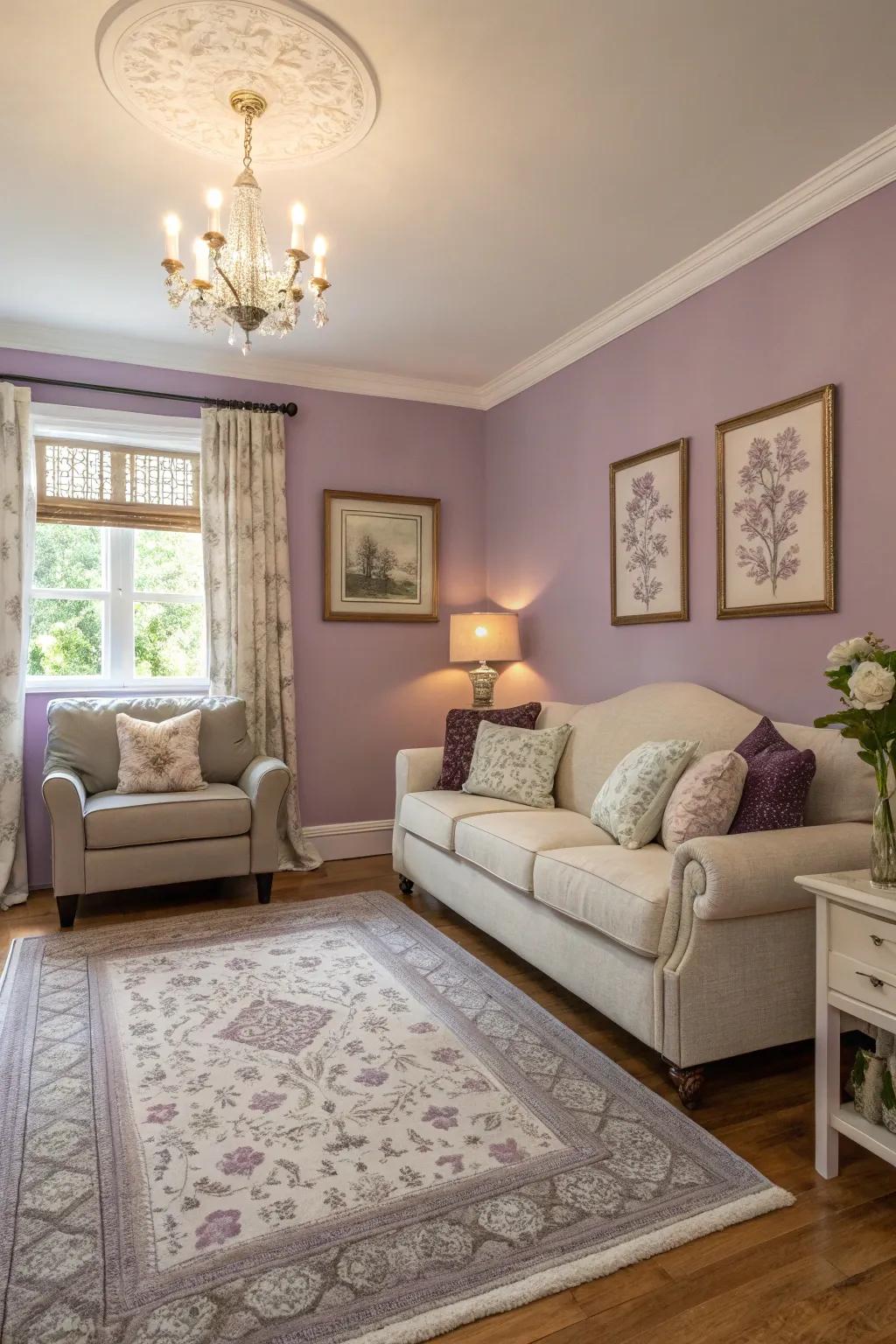 A compact living area featuring lavender walls to add charm.