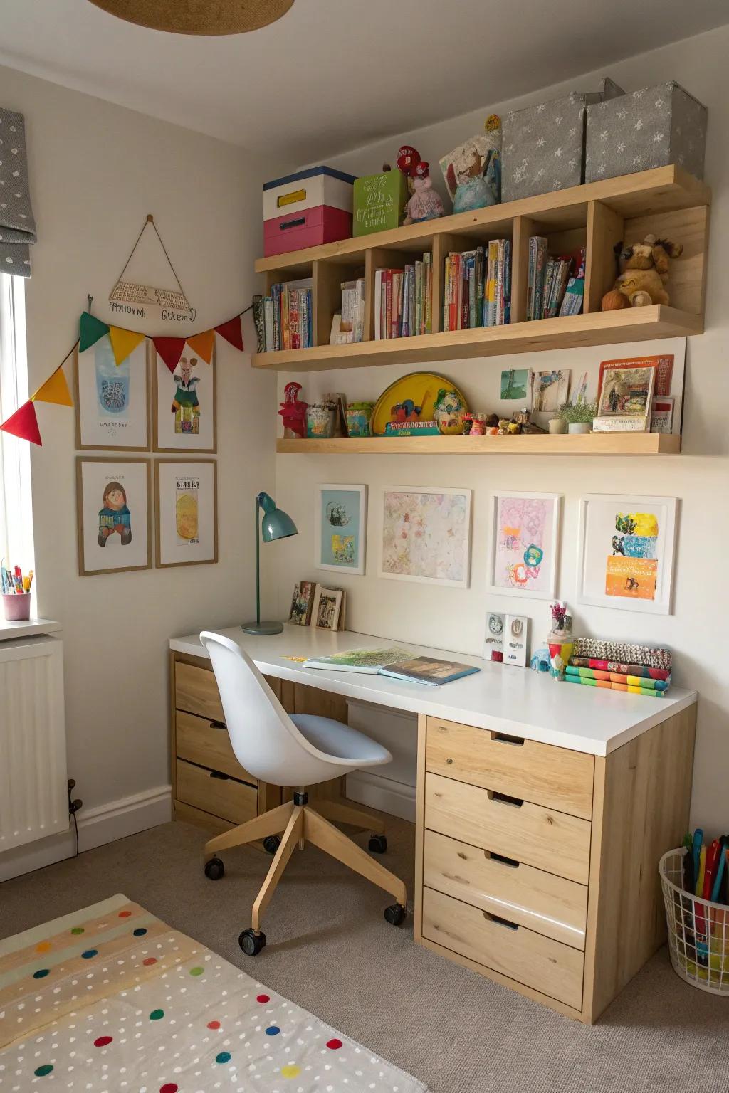 Floating desks provide a functional workspace without occupying floor space.