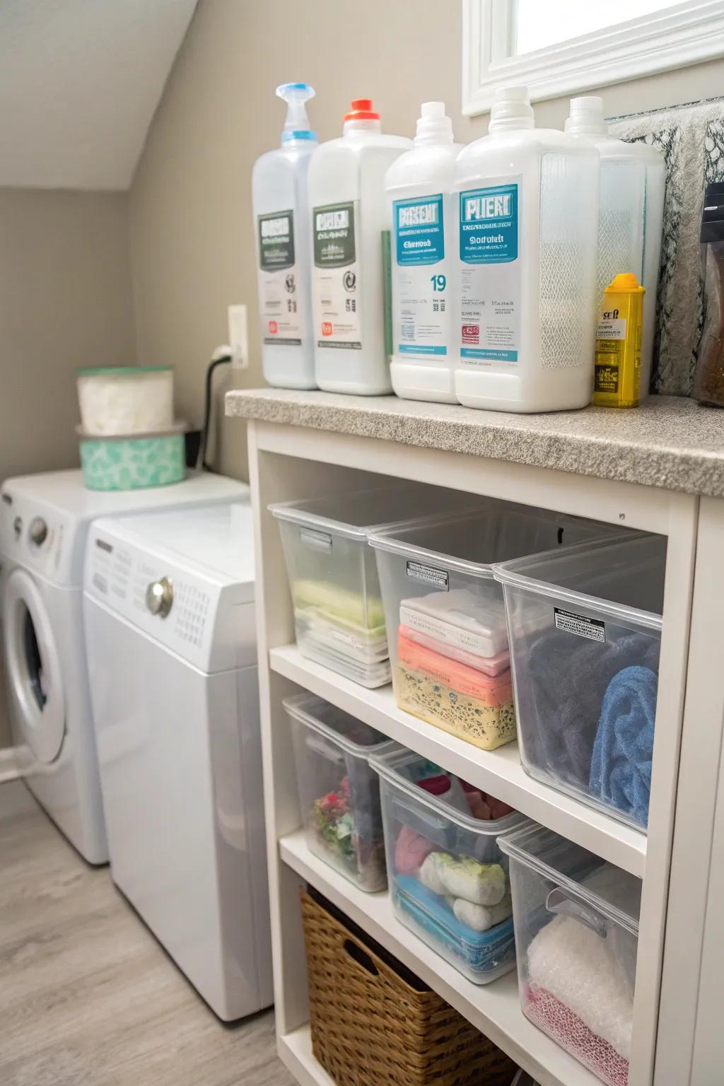 Clear containers provide a clean, organized look and easy access.