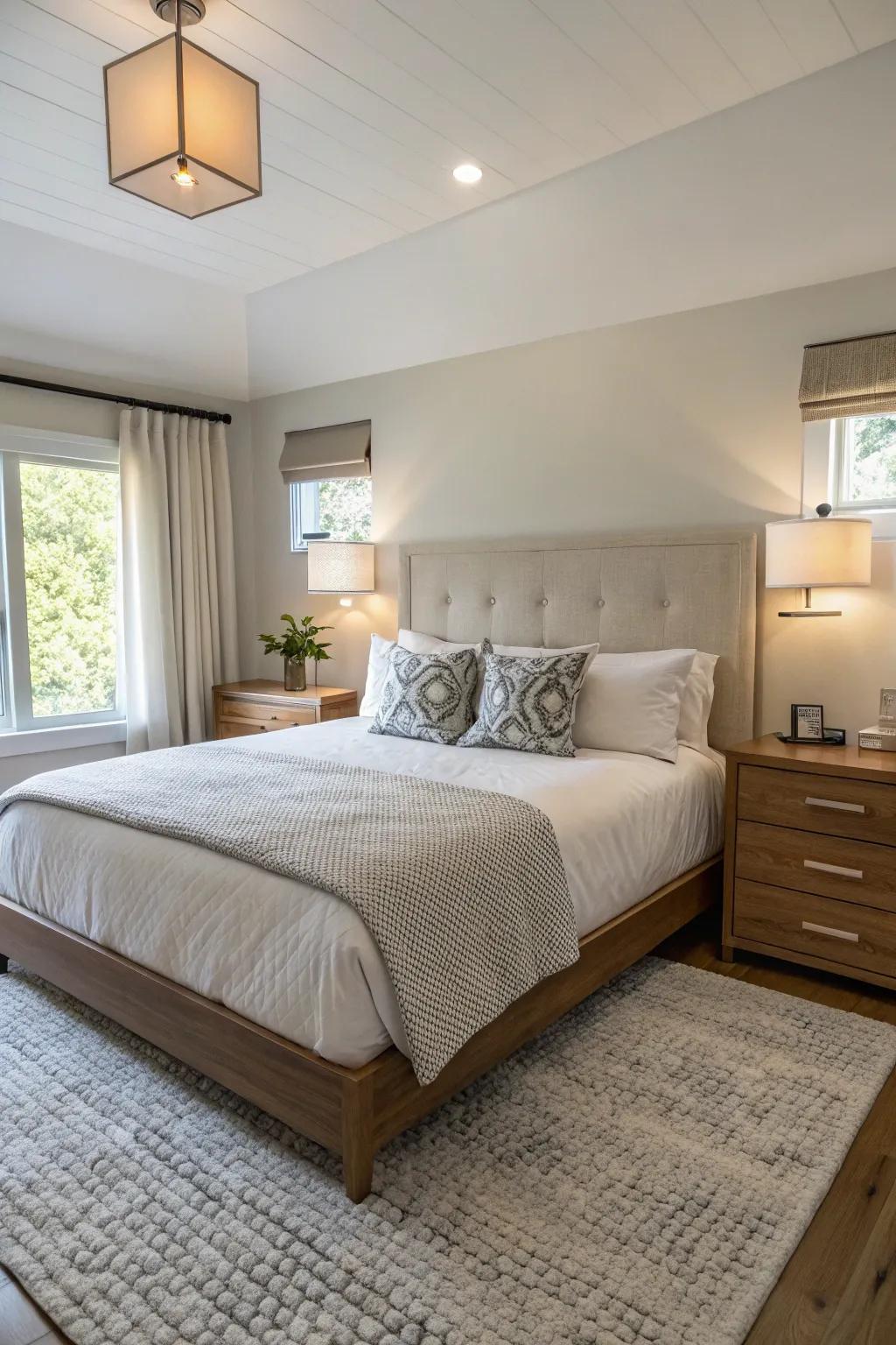Floating nightstands free up space in a compact master bedroom.