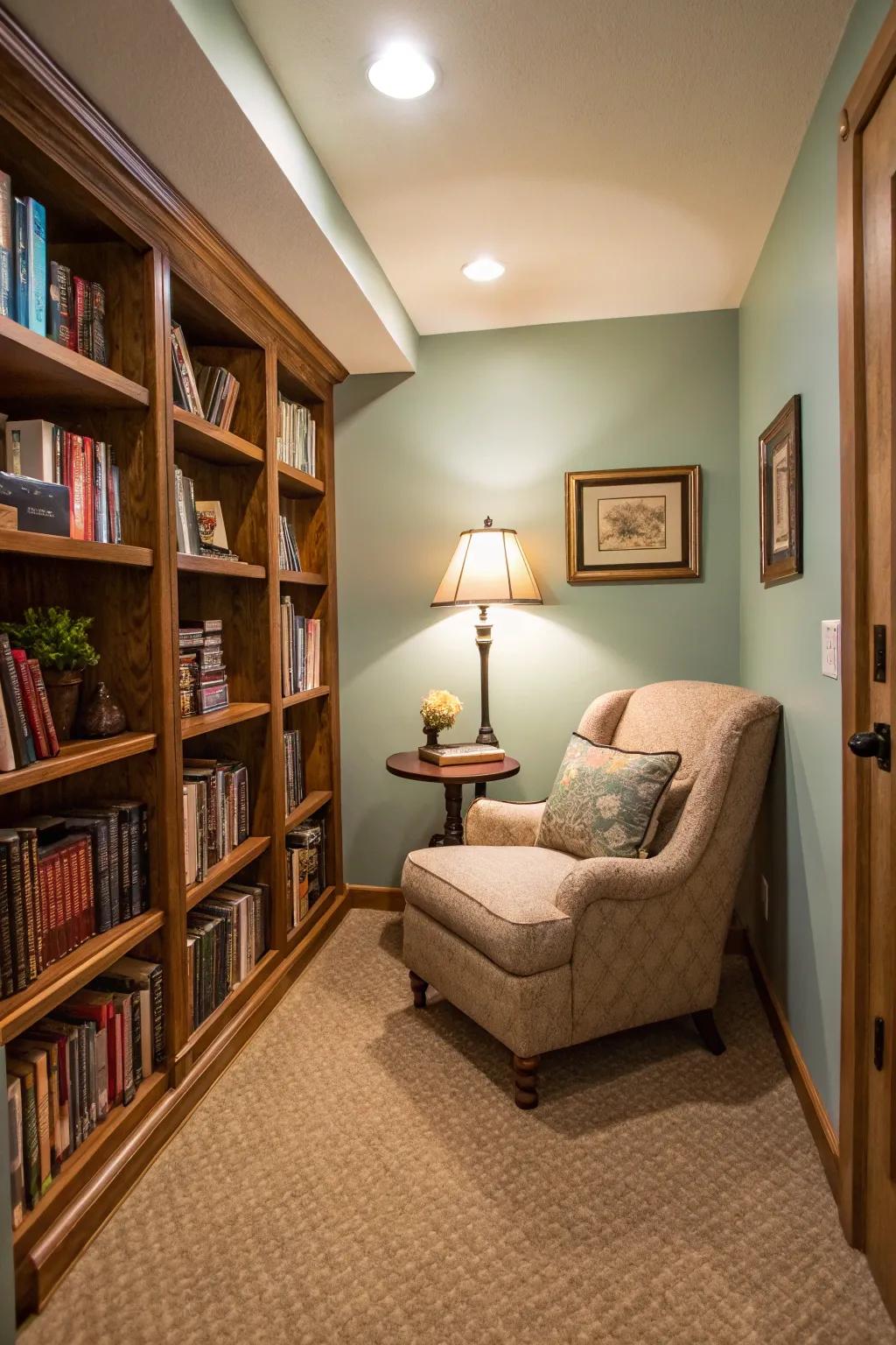 A cozy reading nook turns unused space into a functional area.