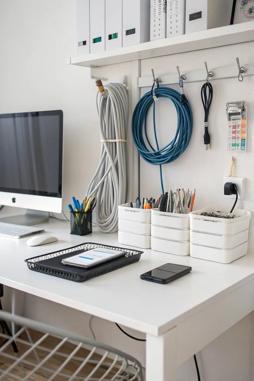 A tidy office space due to clever wire organization.