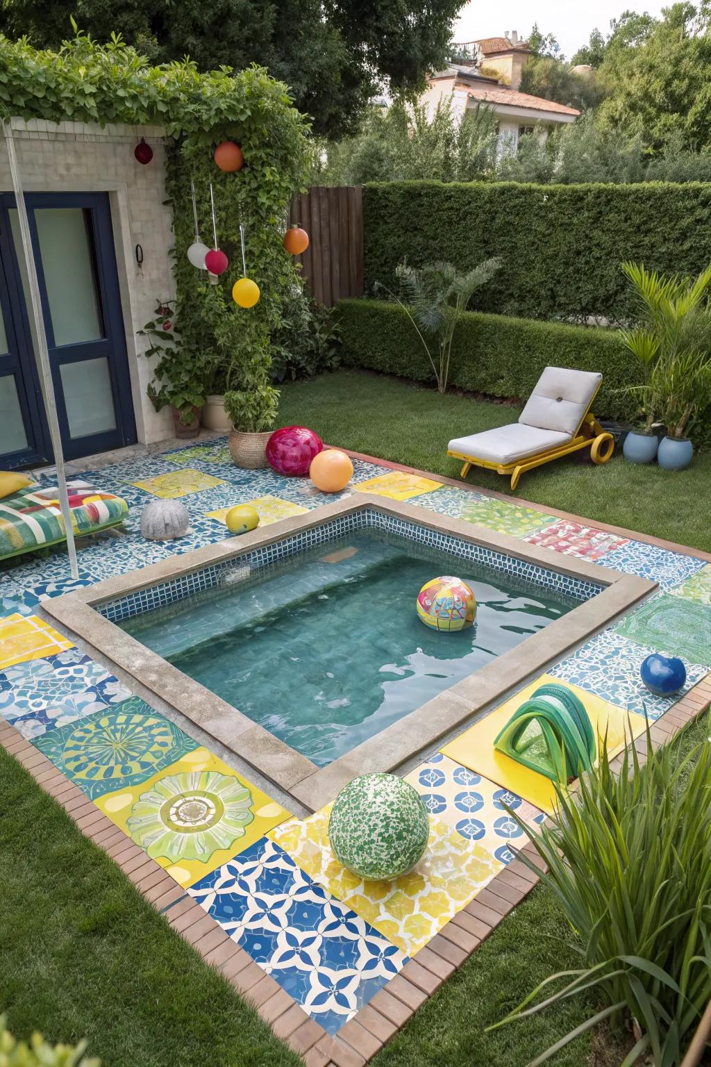 Colorful tiles and accessories apply individuality and vibrancy to the pool area.
