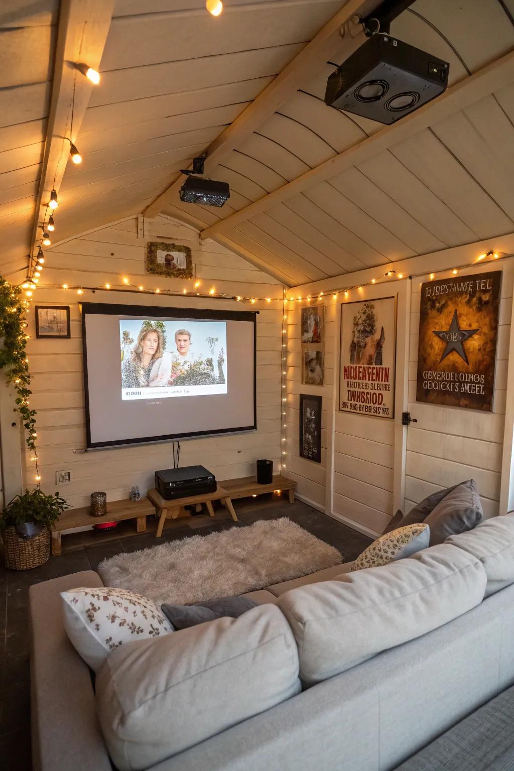 An intimate household picture house setup within a small shed.