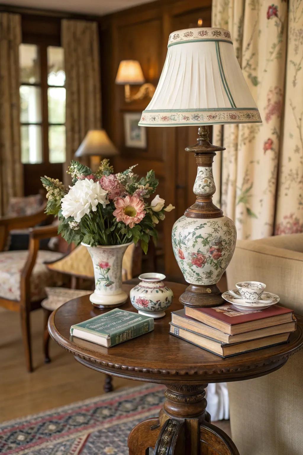 Old-fashioned treasures inject character into a side table.