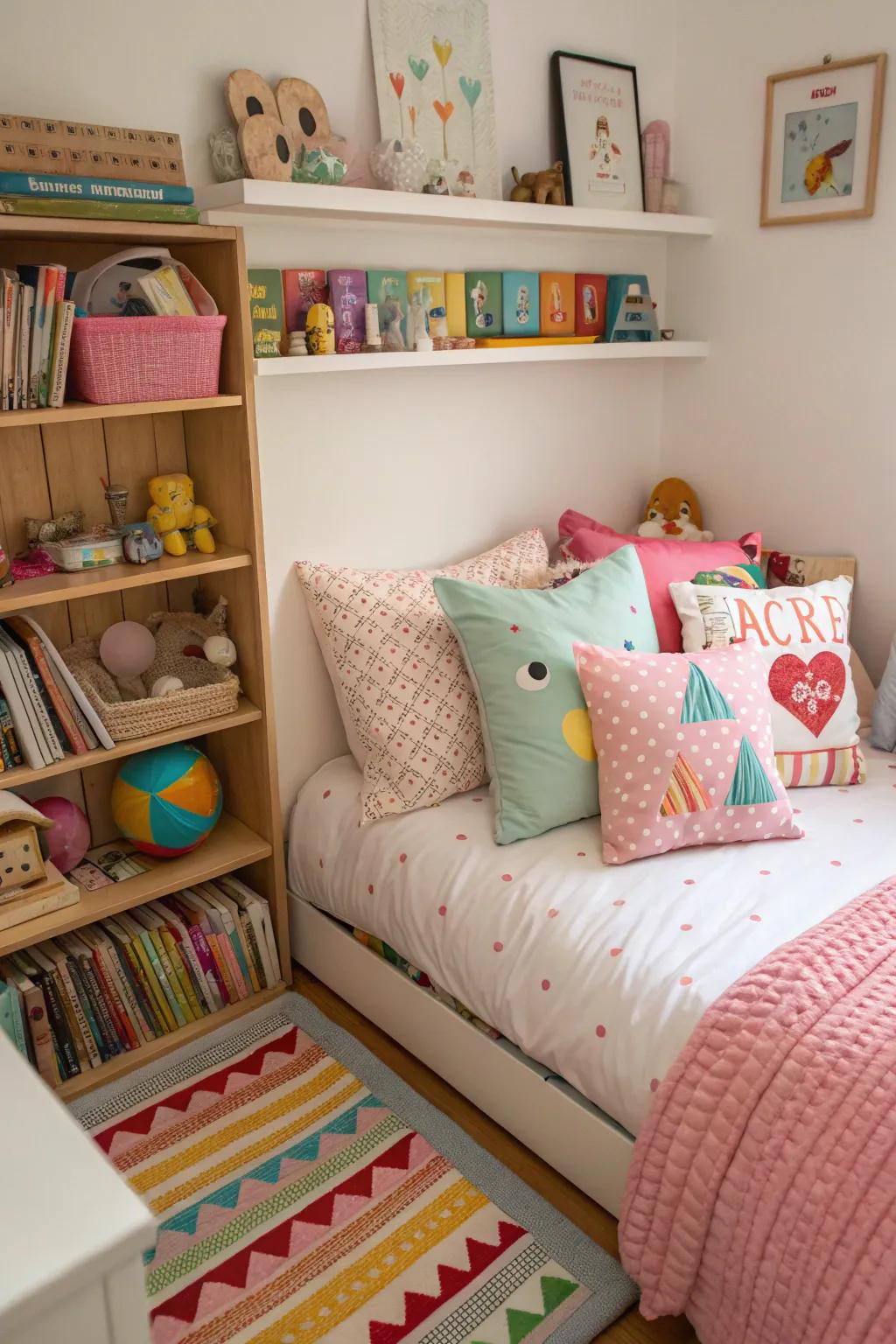 Ornamental pillows infuse style and comfort into the bed.