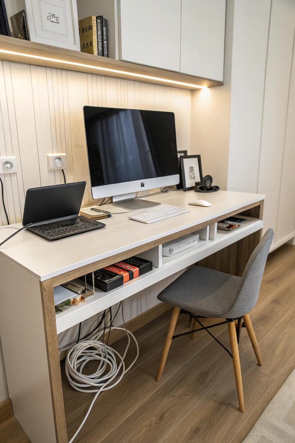 Integrated desk channels discreetly guide cables, enhancing the workspace aesthetic.