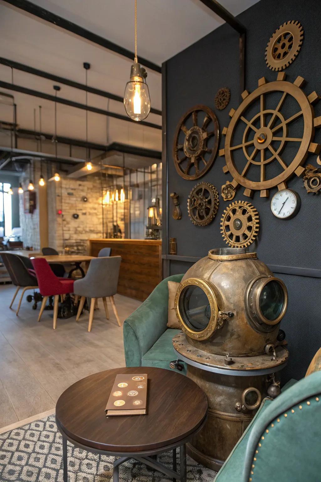 Unexpected steampunk décor elements, like this vintage diving helmet, spark curiosity.