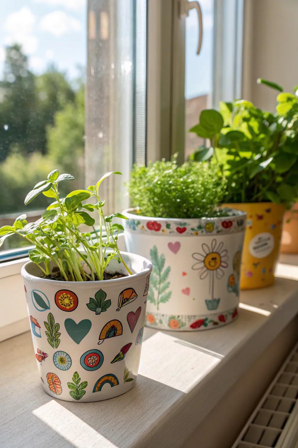 Brighten up your planters with charming decal designs.
