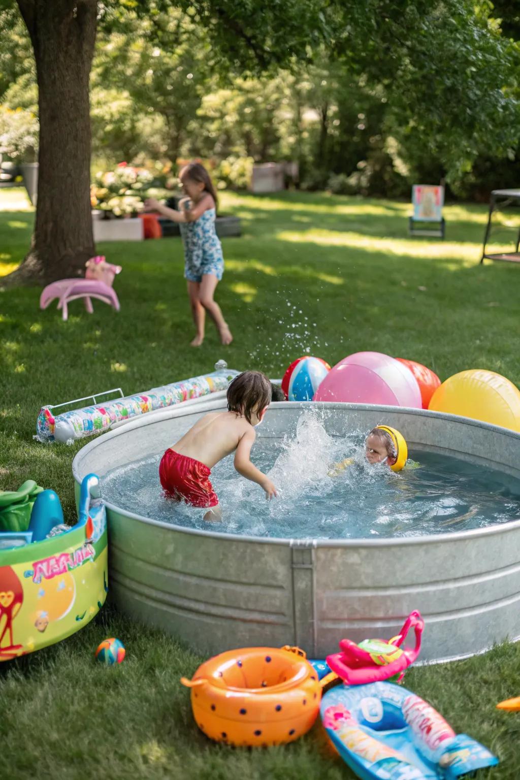 A kid’s playground showcasing toys renders the water trough pool family-friendly.