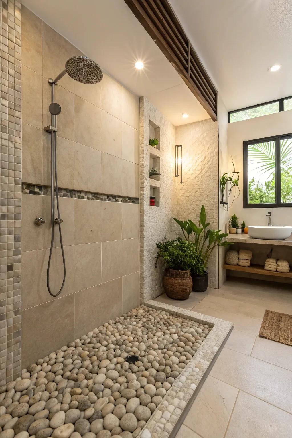 Shingle stones add a Zen-like touch to shower designs.