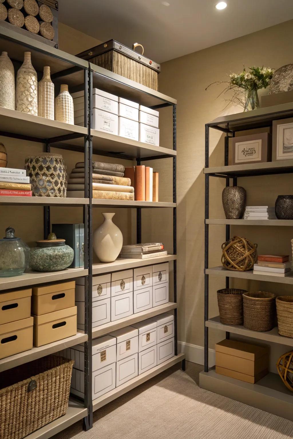 Storage is turned into a stylish statement with decorative shelves.
