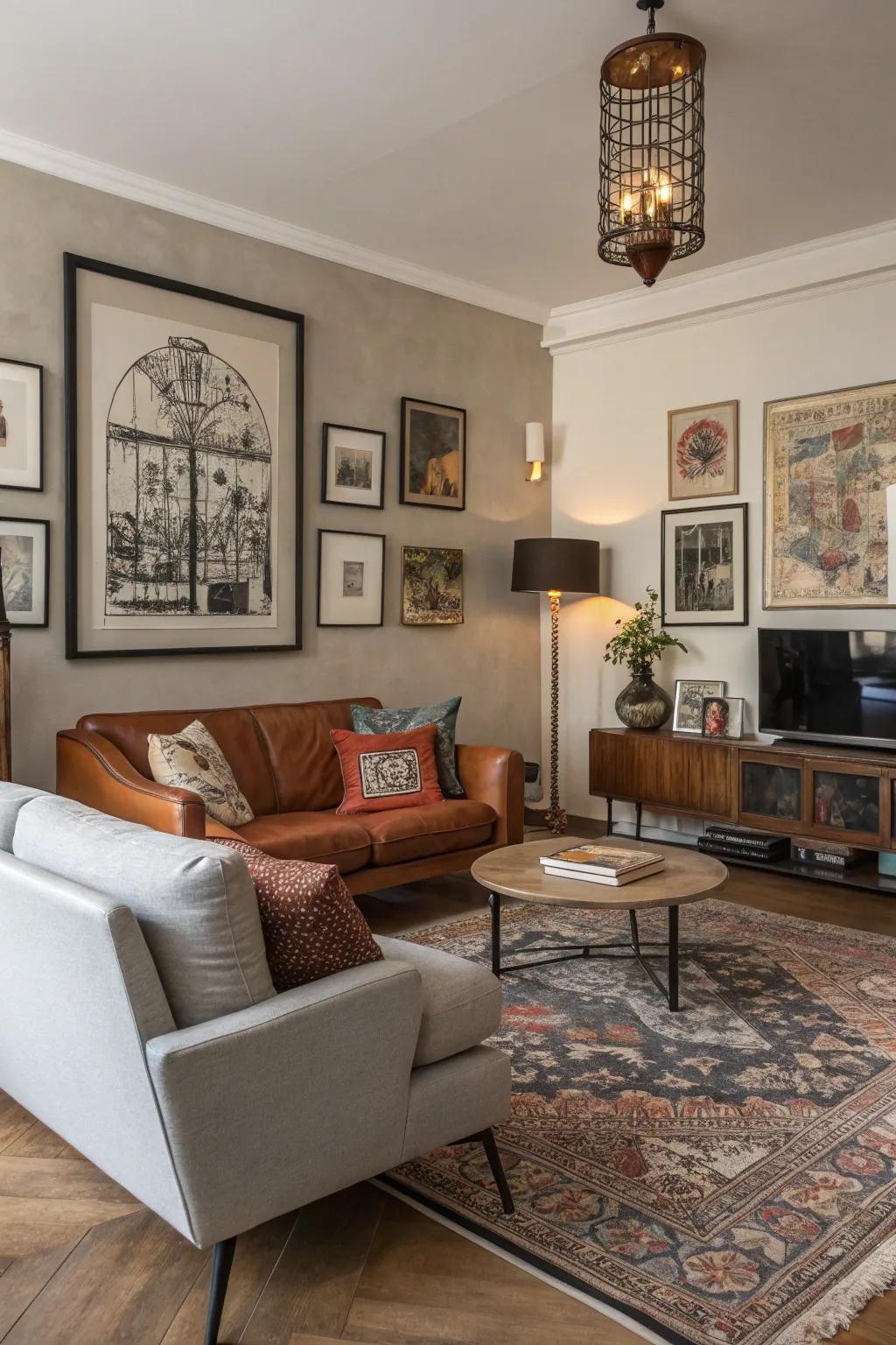 An assorted arrangement of contemporary and classic decor adds individualized flair.