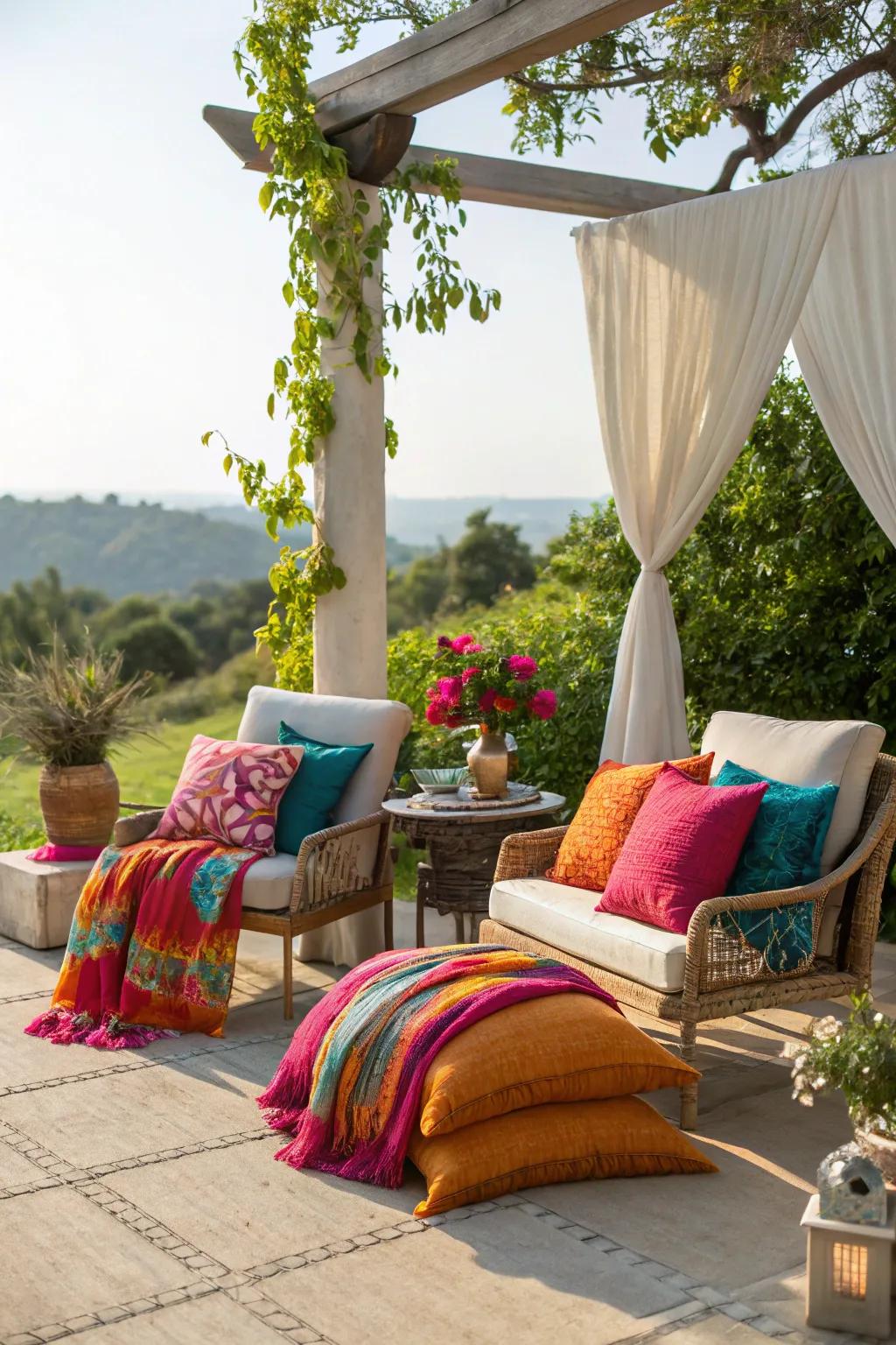 An outdoor seating area featuring radiant cushions and throws.