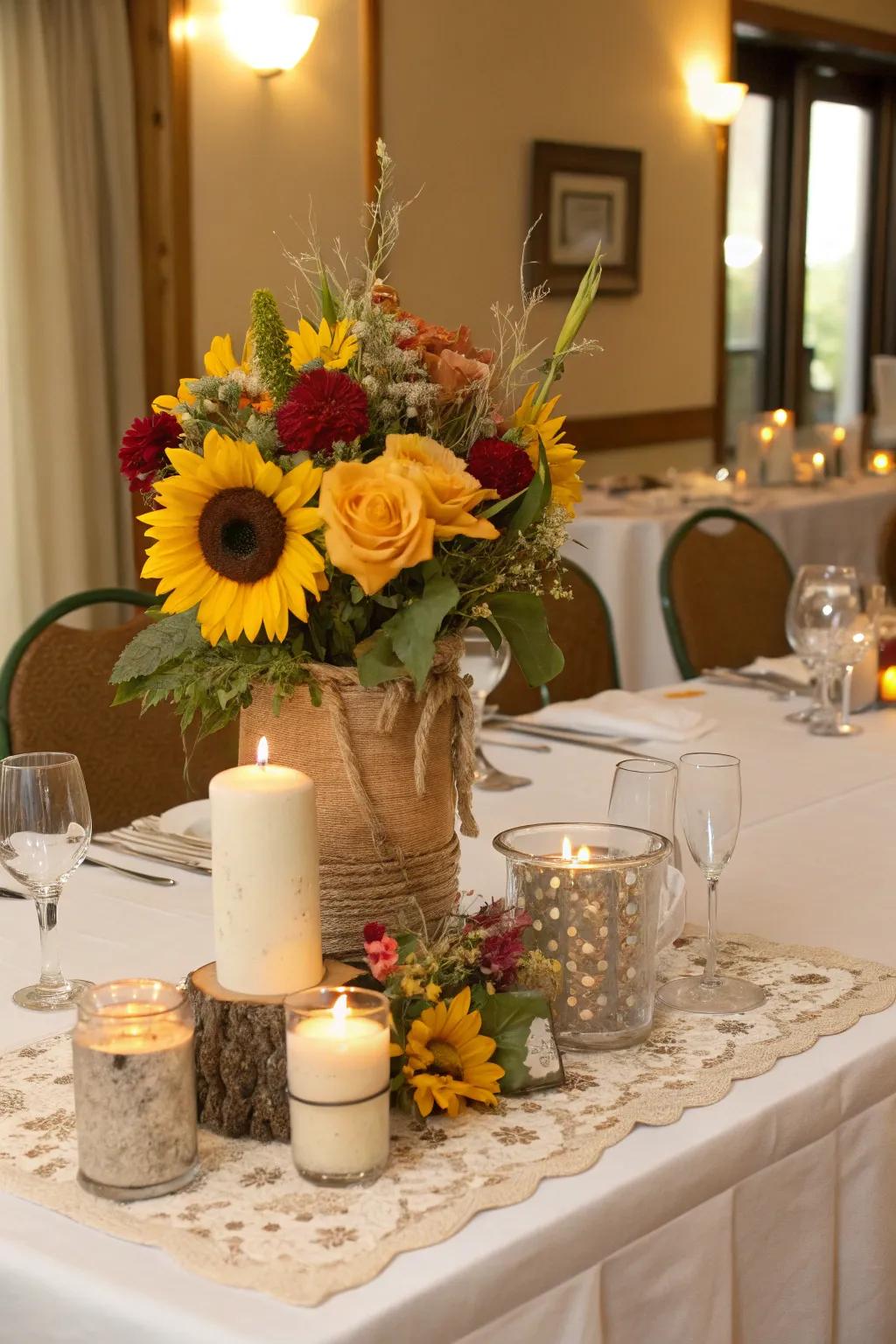 A sunshine bloom-adorned sweetheart table for the newlyweds.