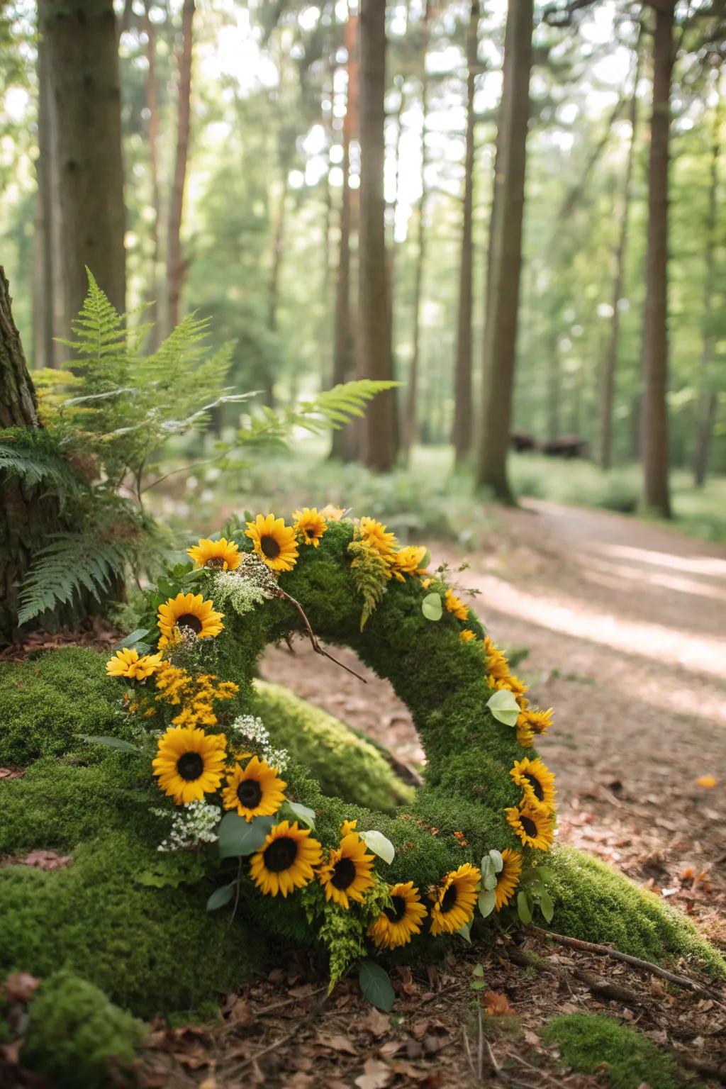 Sumptuous and captivating, a sunflower wreath set on a verdure base.