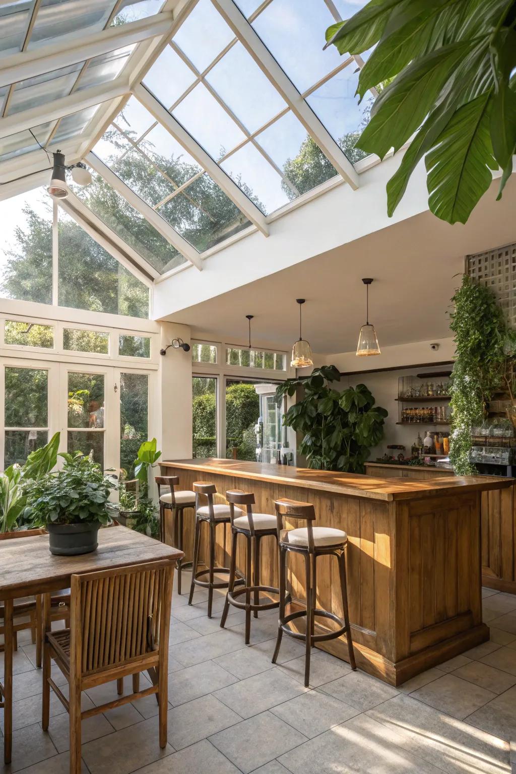 A sky window fills your sunroom bar with natural light and expansive views.