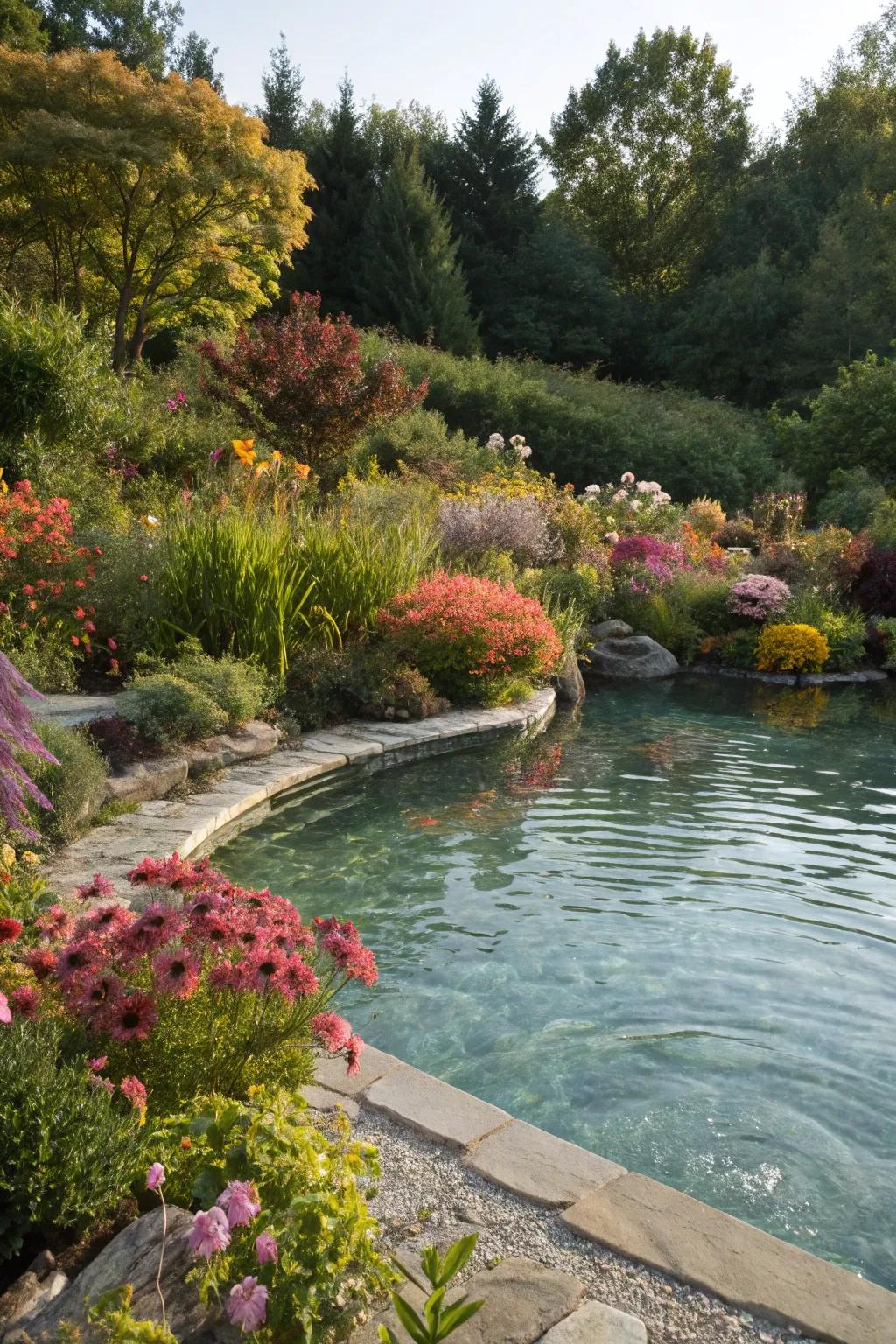 Seasonal plantings offer year-round beauty and color to the pond area.