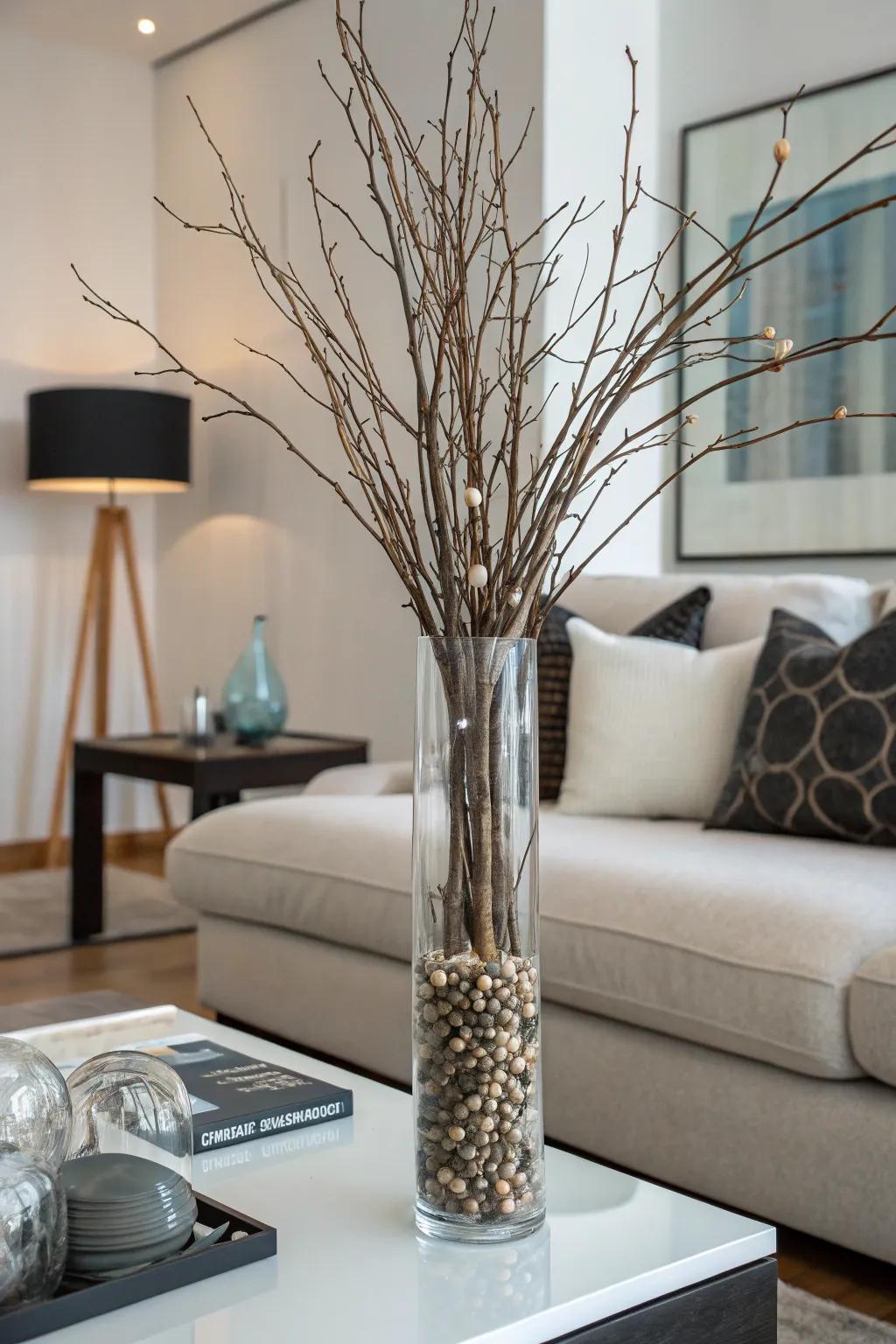 A tall glass vase displaying ornamental sprigs, enriching an artistic flair inside a contemporary living quarter.