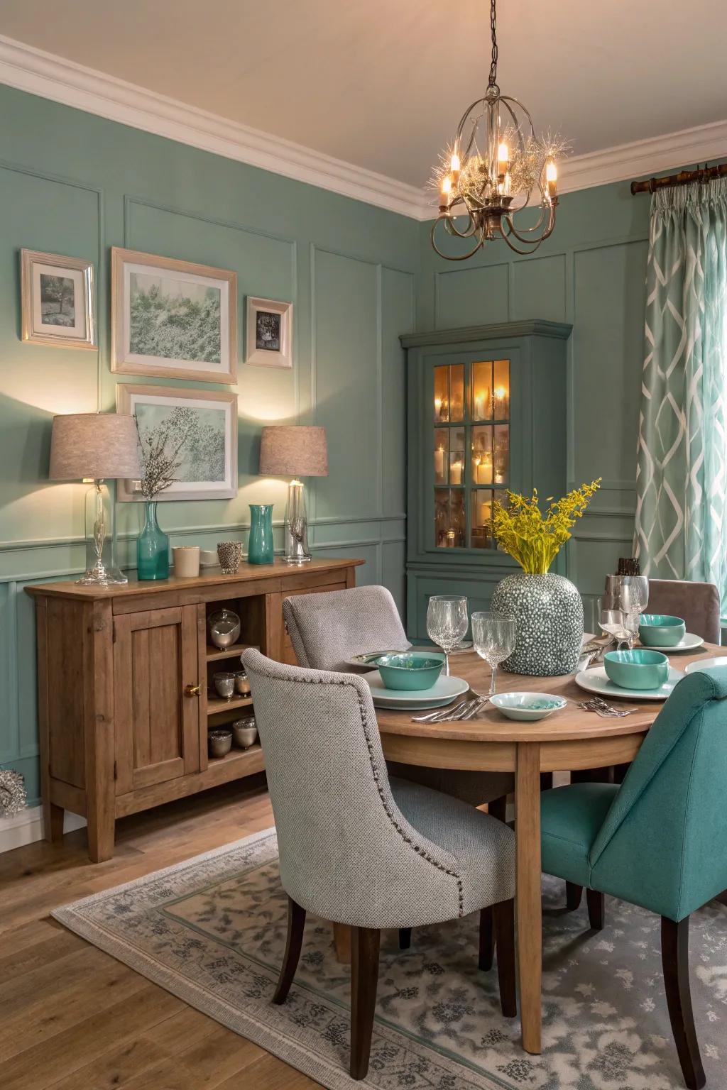 Teal and gray forge a harmonious dining space