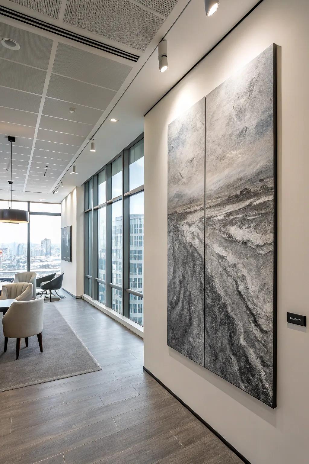 An artwork of a single color adds sophistication to this modern office.