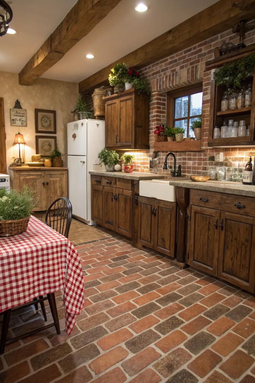 Brick-look panels inject rustic comfort and warmth to this snug kitchen.