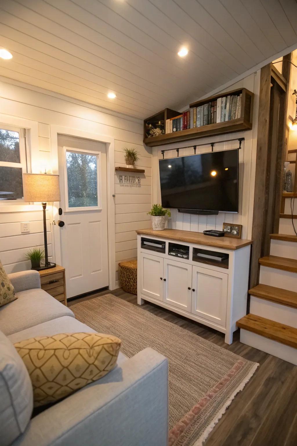 Space-saving TV setup in a tiny house living room