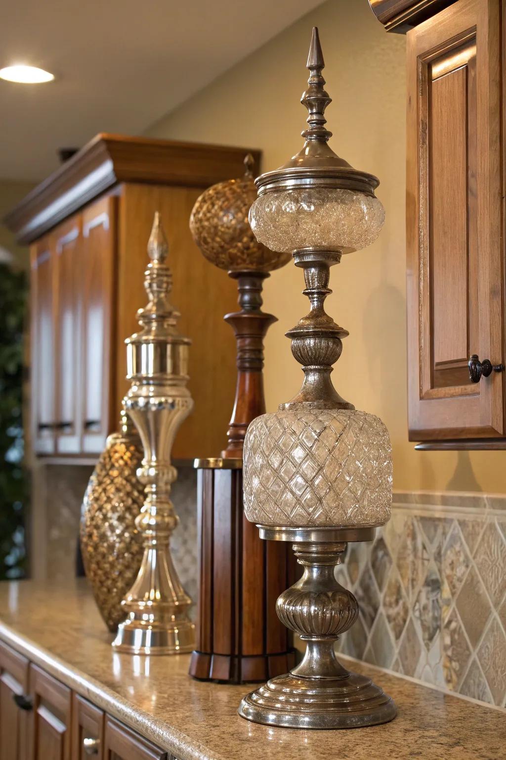 Layer different materials for a textured look above your cabinets.
