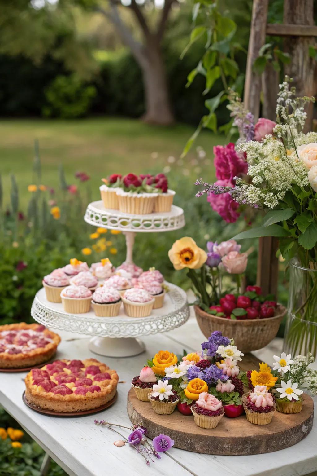 Treats adorned with eatable flowers at a garden party.