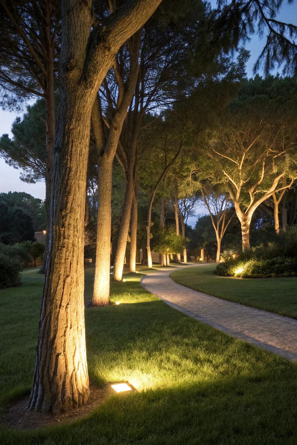Ground lights impart sophistication by accentuating tree foundations.