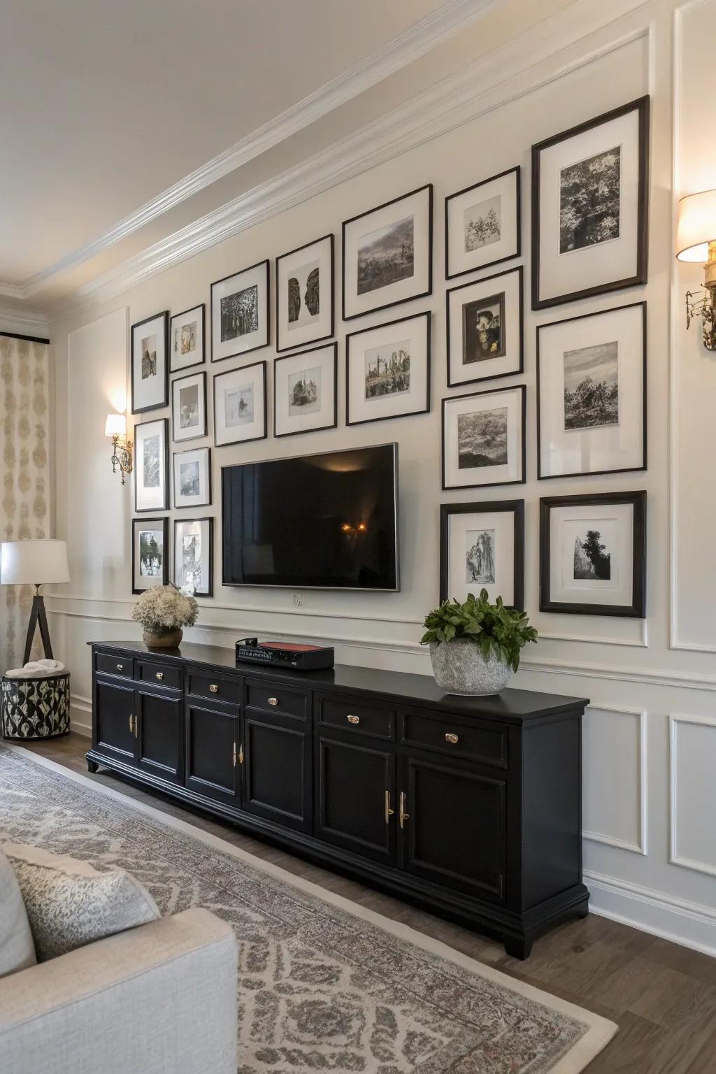 Monochrome refinement over an ageless TV gallery wall showcase.