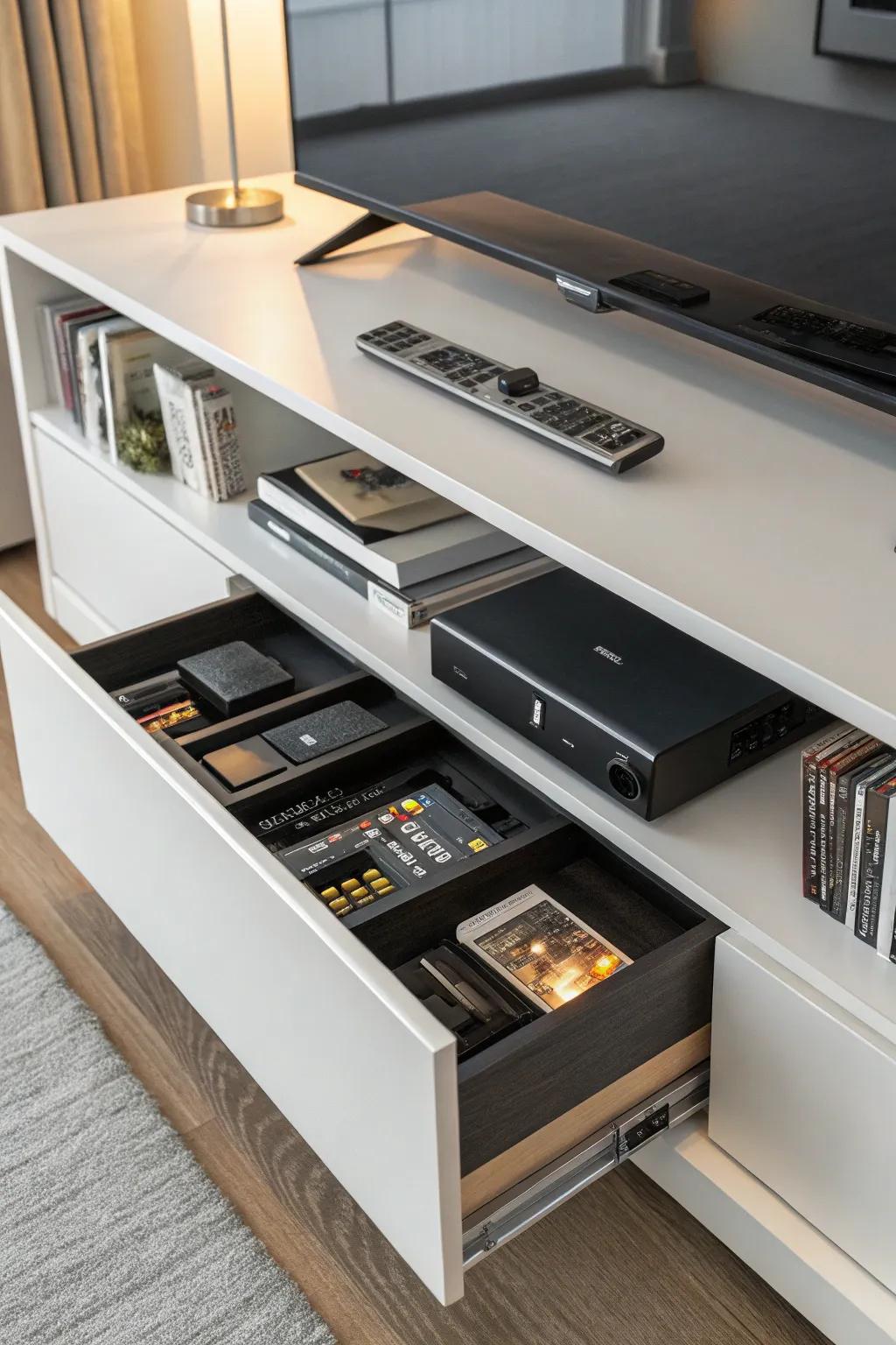 Secret compartments present discreet storage options for a more pristine presentation.