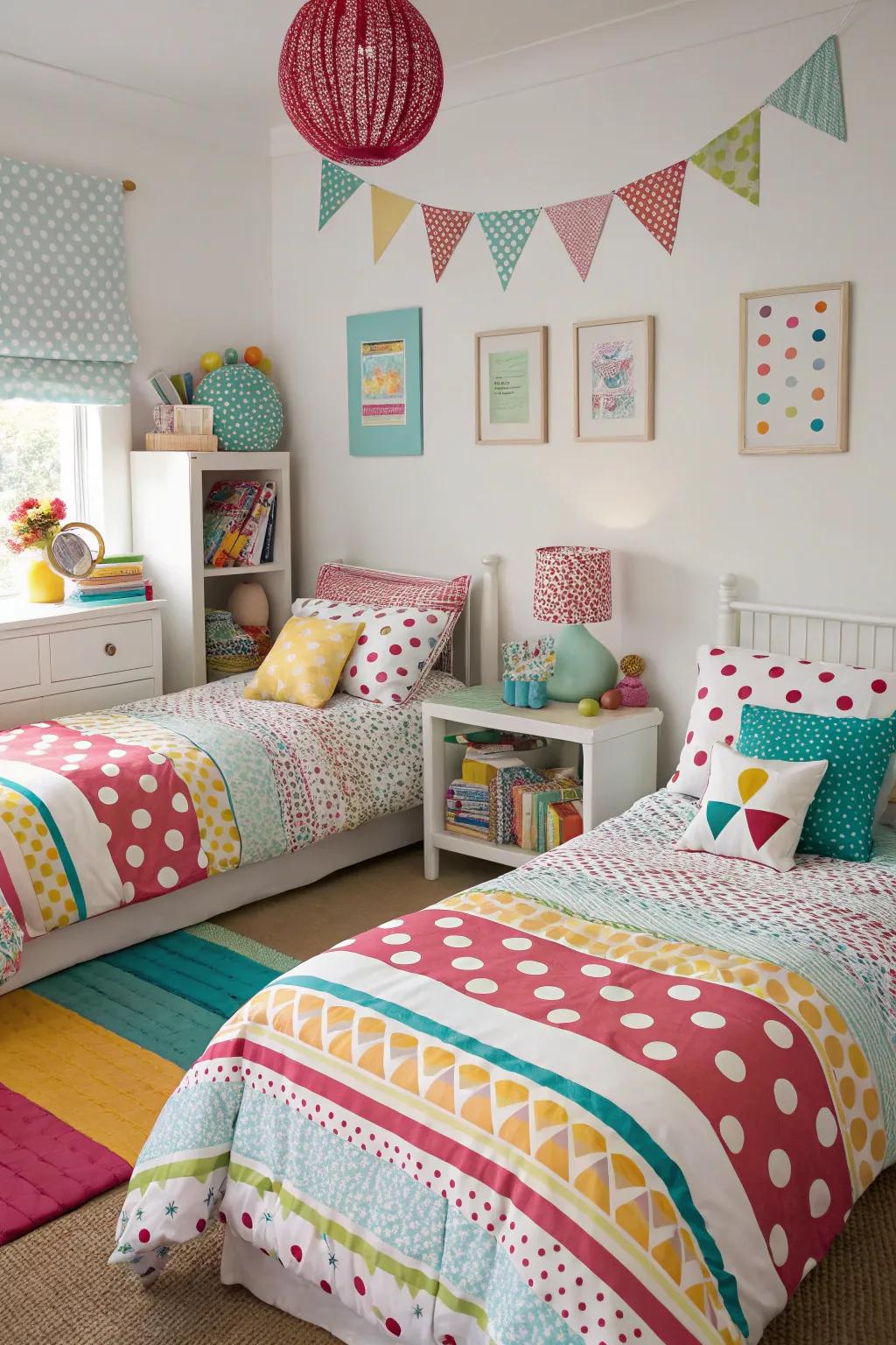 Mixed patterns give the shared bedroom a fun touch.
