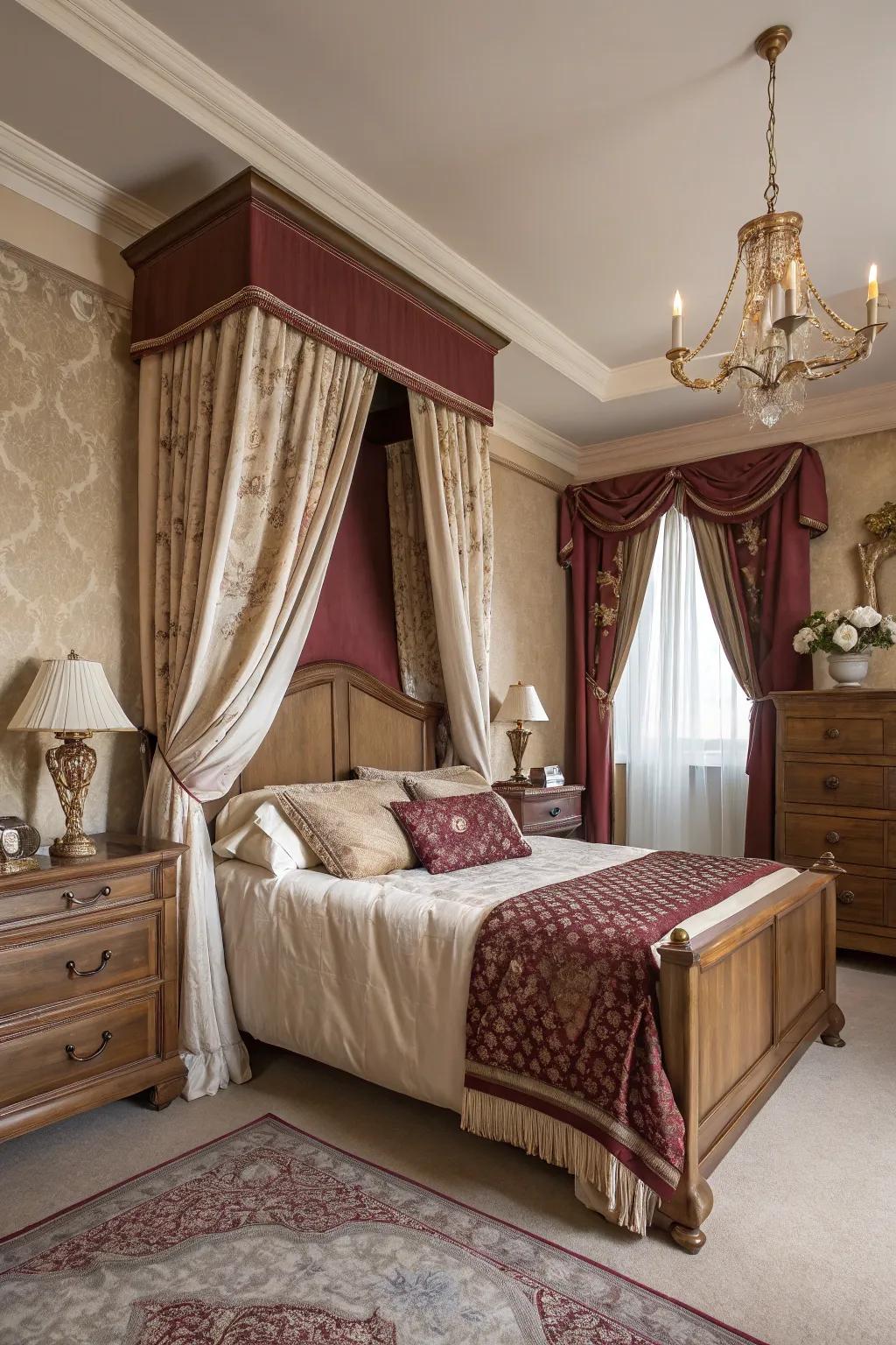 An elegant bedroom featuring sandstone and ruby walls, exuding classic warmth.