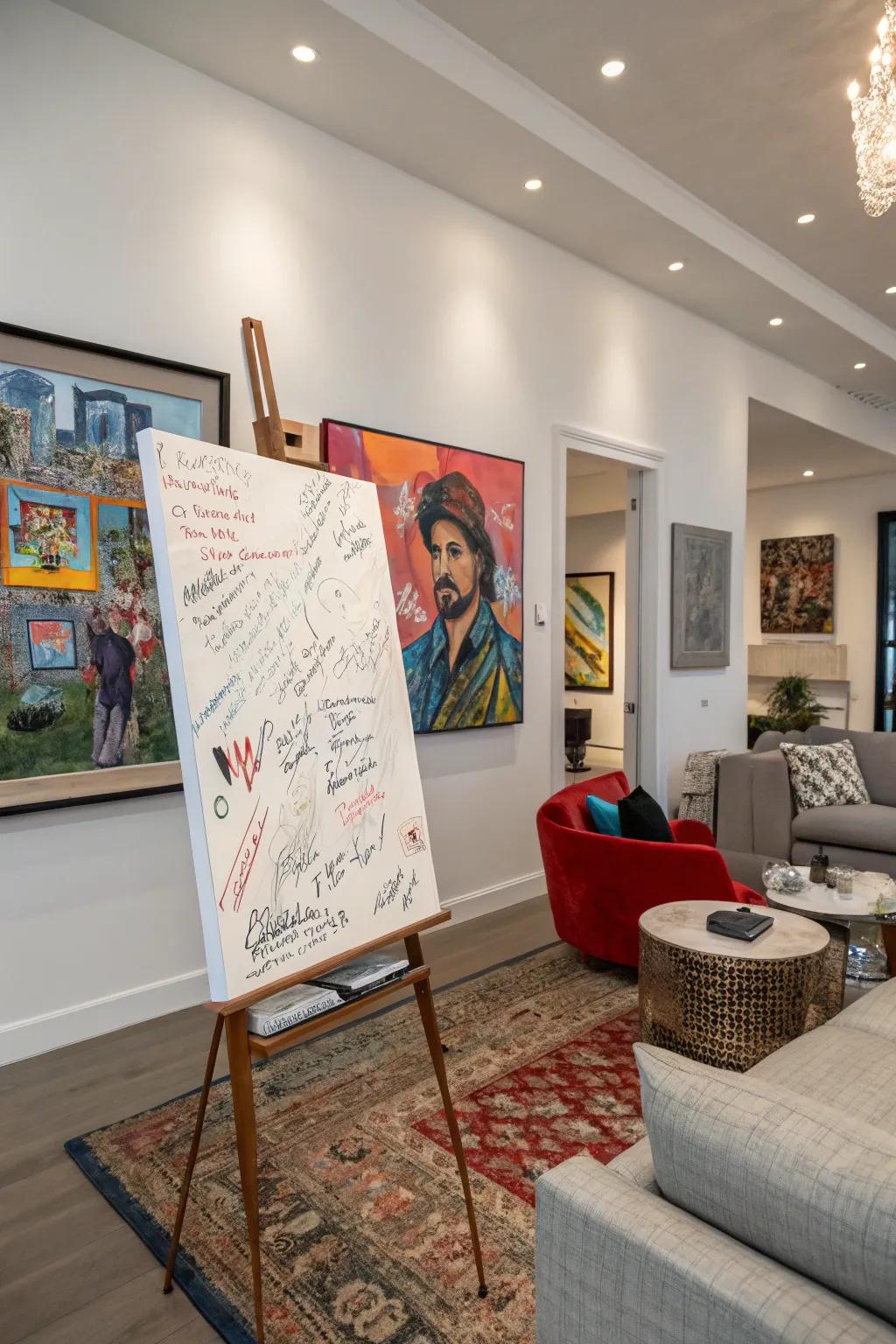 Guests sign a bespoke art piece, creating a collaborative masterpiece.