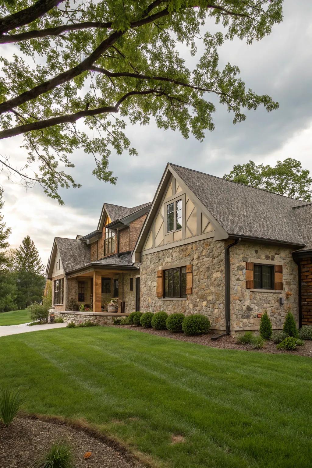 A home with rock highlights adding timeless charm.