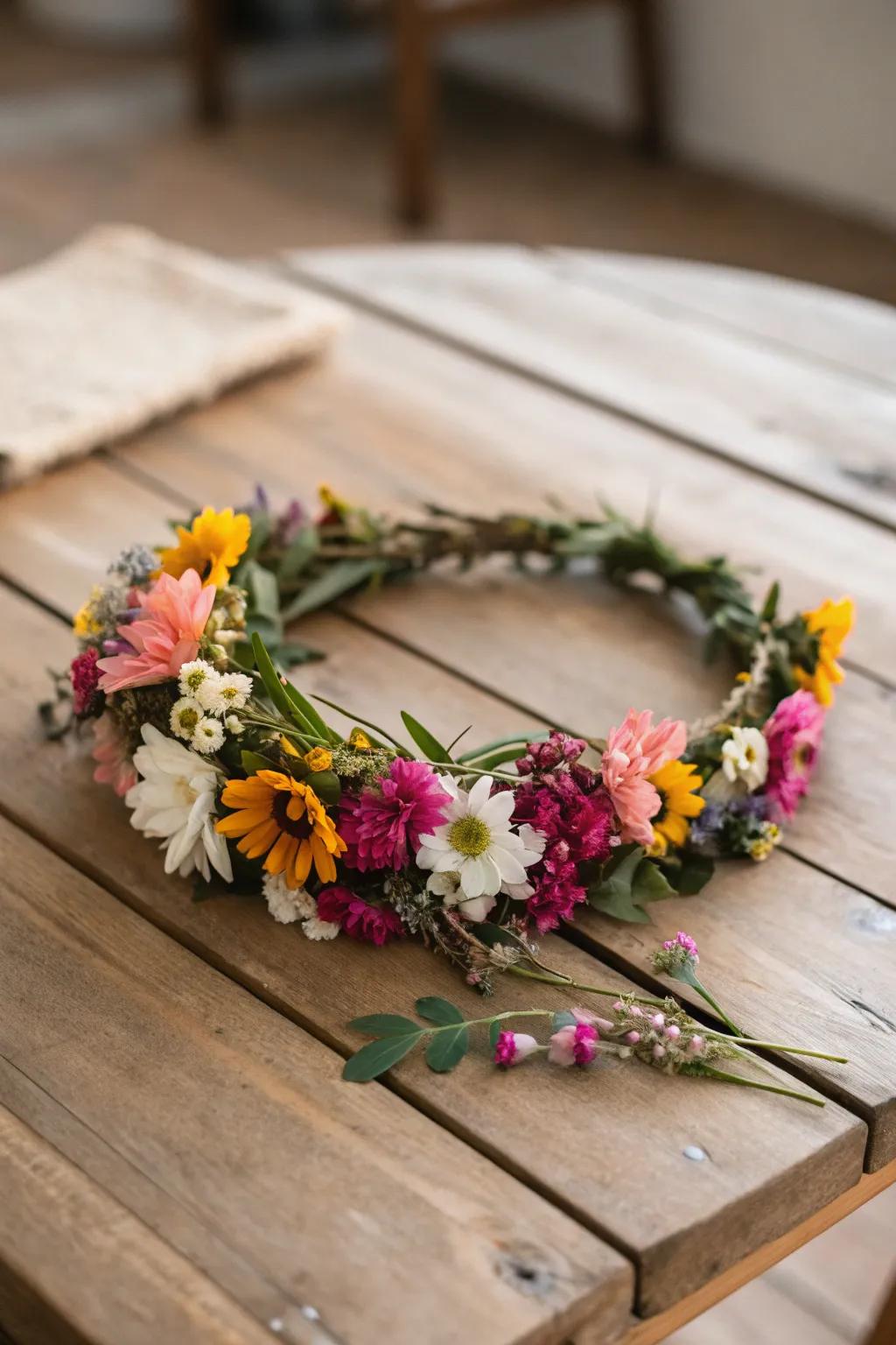 A handmade floral crown with vibrant blooms.