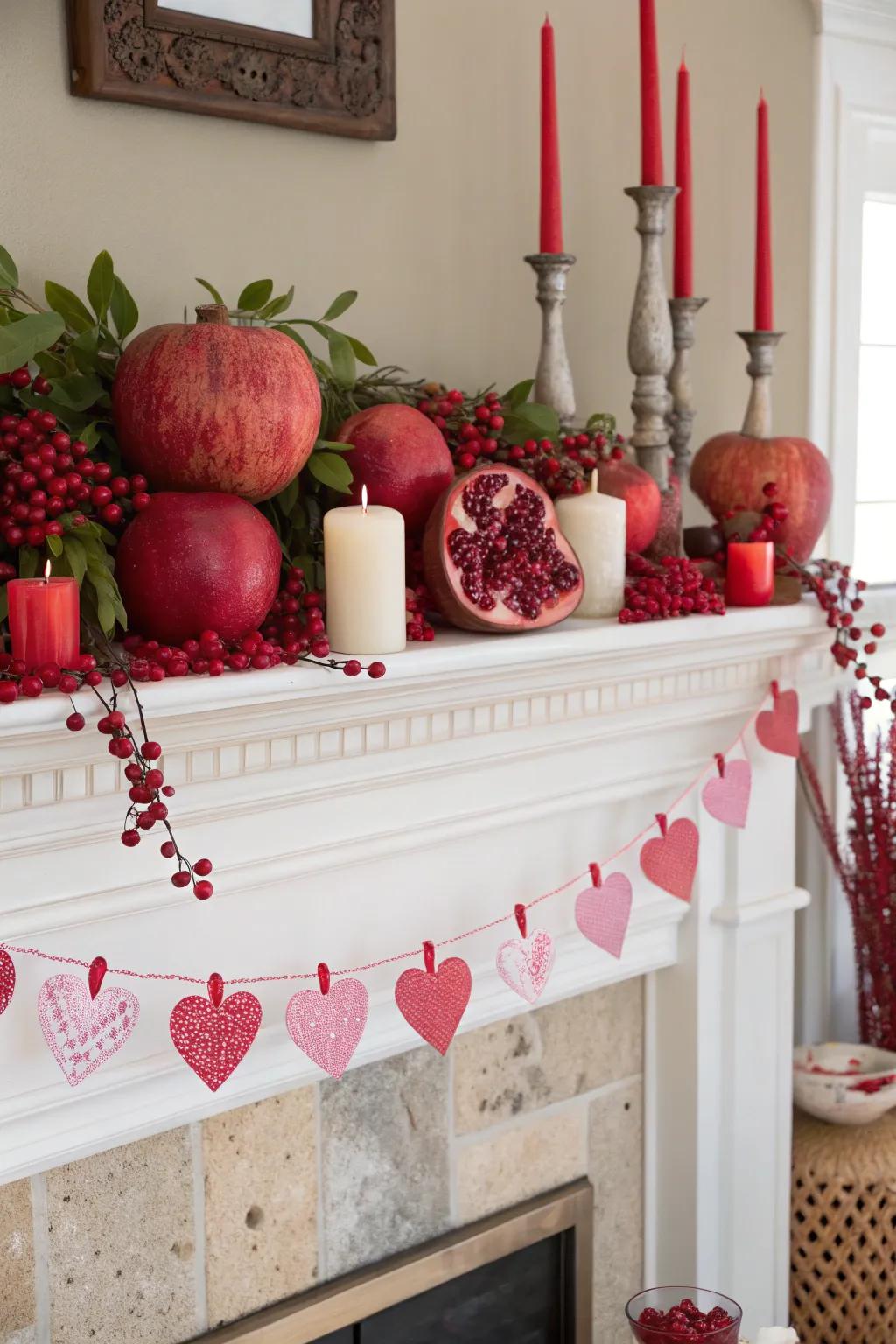 Seasonal fruits append a raw burst of color to the mantel.